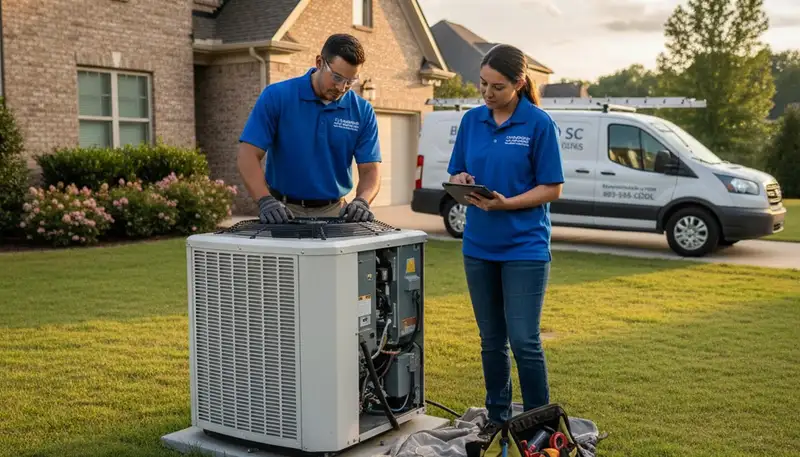 Professional AC repair technician servicing air conditioner unit in Columbia SC