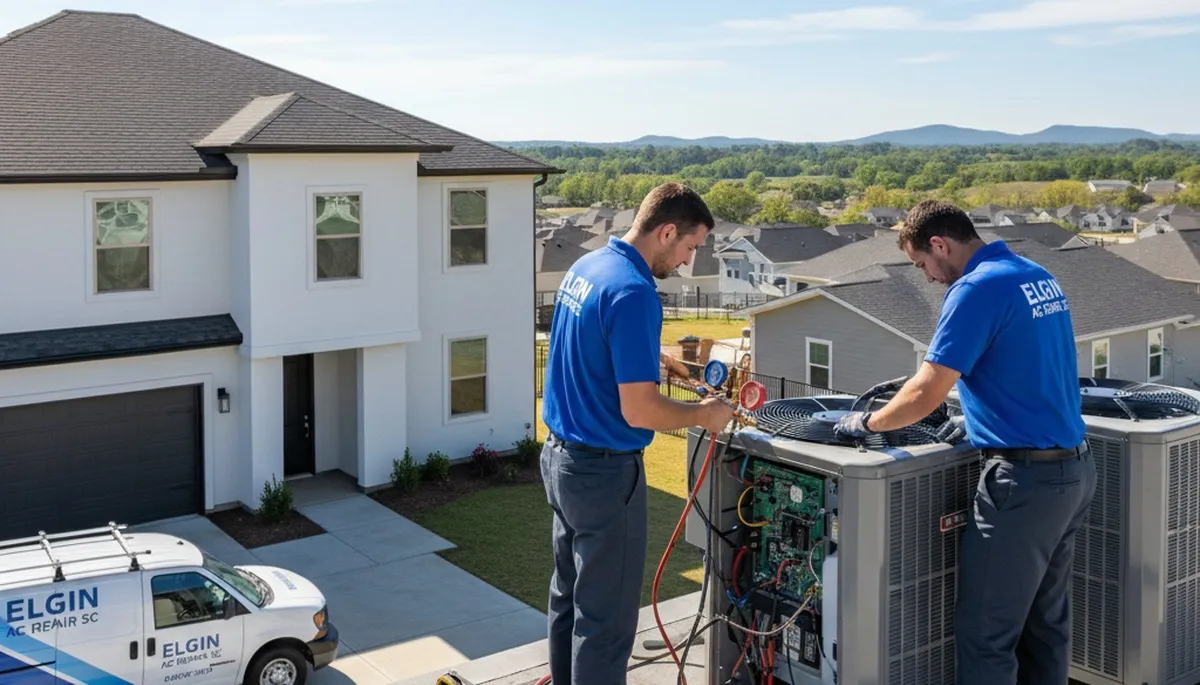 Professional AC repair technician servicing residential unit in Columbia SC