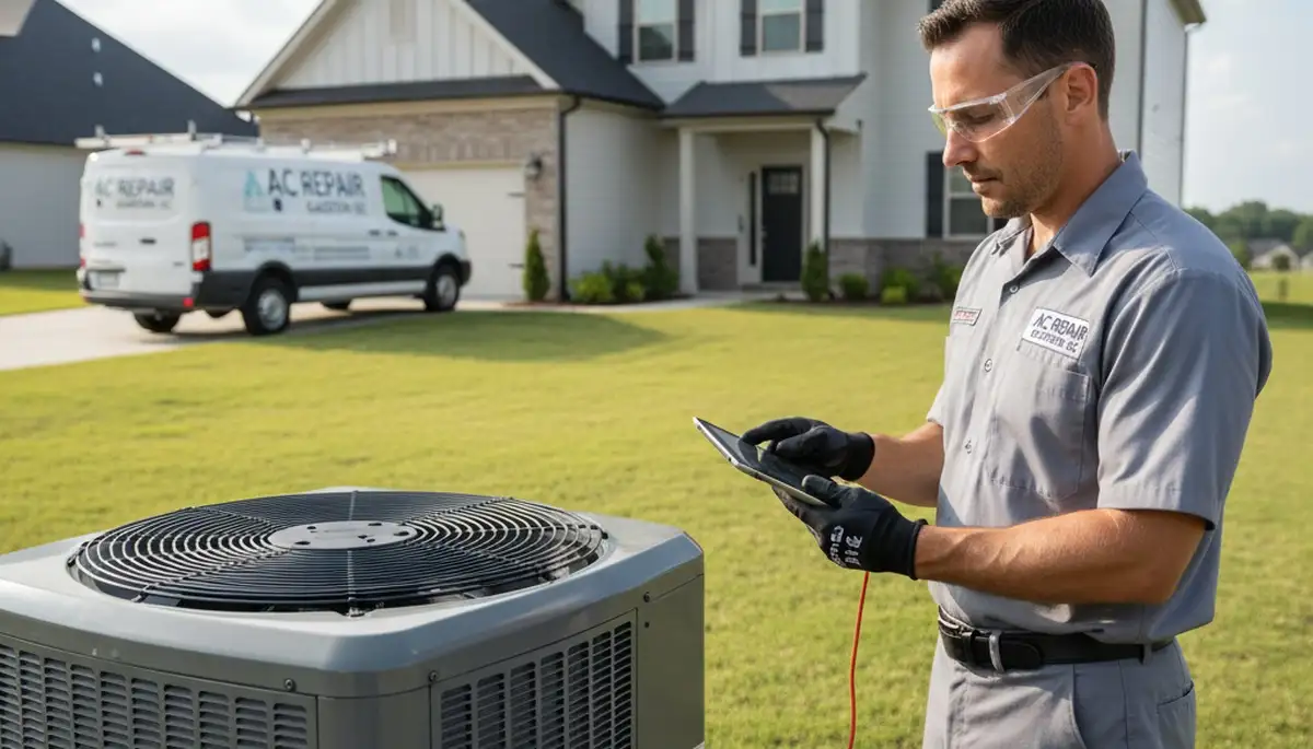 Professional AC repair technician servicing air conditioner in Columbia SC home