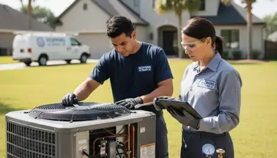 Professional AC repair technician servicing air conditioner unit in Columbia SC home