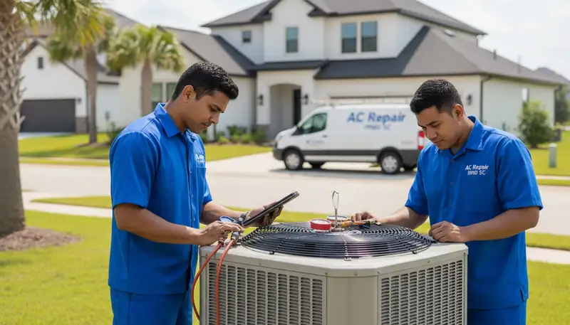 AC repair technician servicing home air conditioner unit in Columbia SC