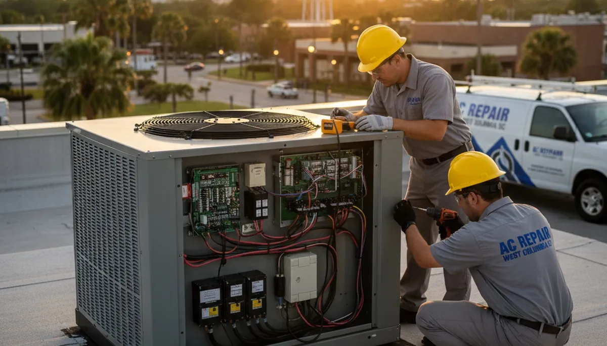 Professional AC repair technician servicing home HVAC system in Columbia SC