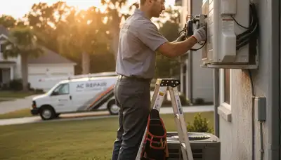 Professional AC repair technician servicing air conditioner unit in Columbia SC home