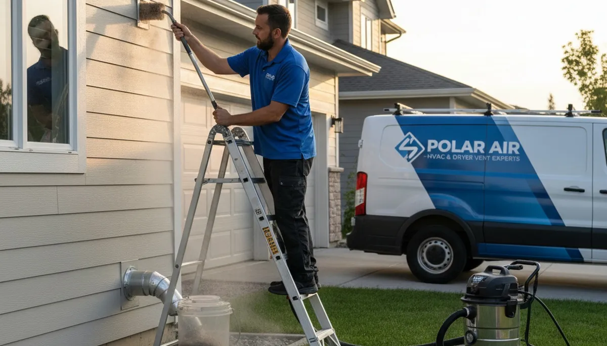 Technician cleaning residential dryer vent in Columbia, SC for Five Star Cooling service