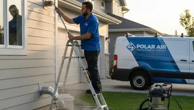 Technician cleaning residential dryer vent in Columbia, SC for Five Star Cooling service