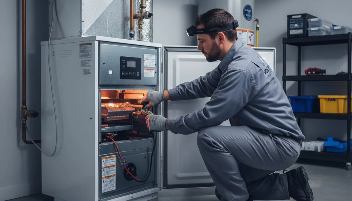Technician repairing home furnace system in Columbia SC for Five Star Cooling heating service