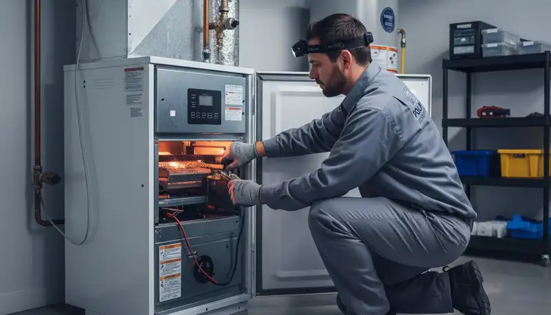 Technician repairing home furnace system in Columbia SC for Five Star Cooling heating service