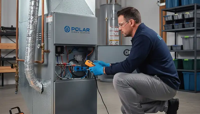 Technician performing furnace repair service in Columbia, SC home for Five Star Cooling
