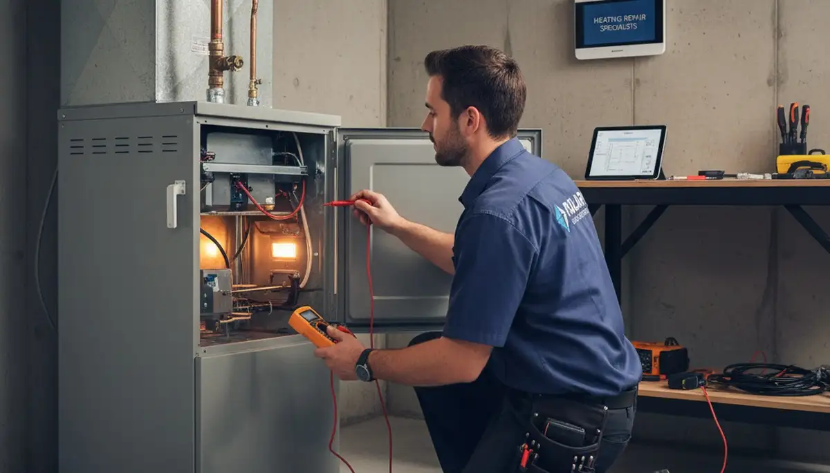 Technician performing heating repair on furnace system in Columbia, SC home
