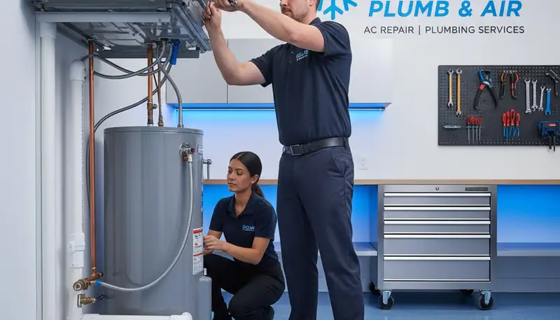 Professional plumber fixing water heater leak in Columbia, SC home for Five Star Cooling