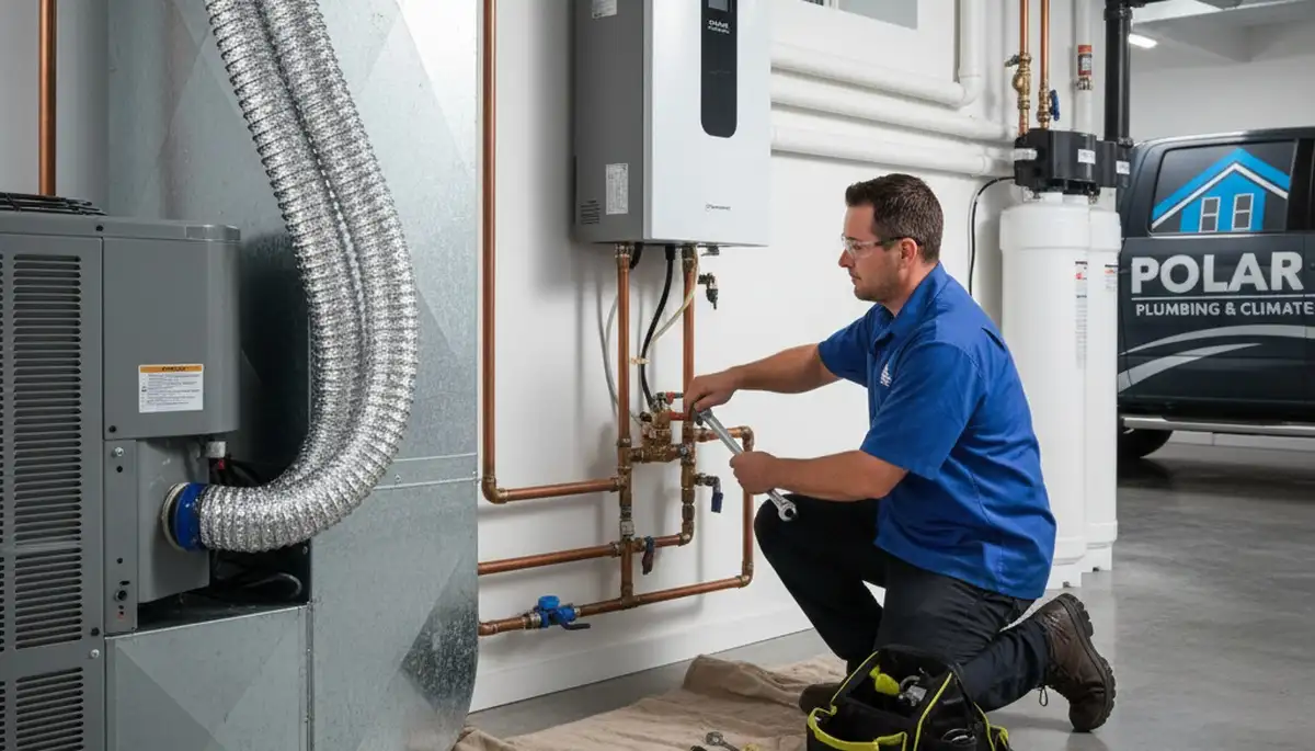 Professional plumber fixing water heater in Columbia, SC for Five Star Cooling plumbing services