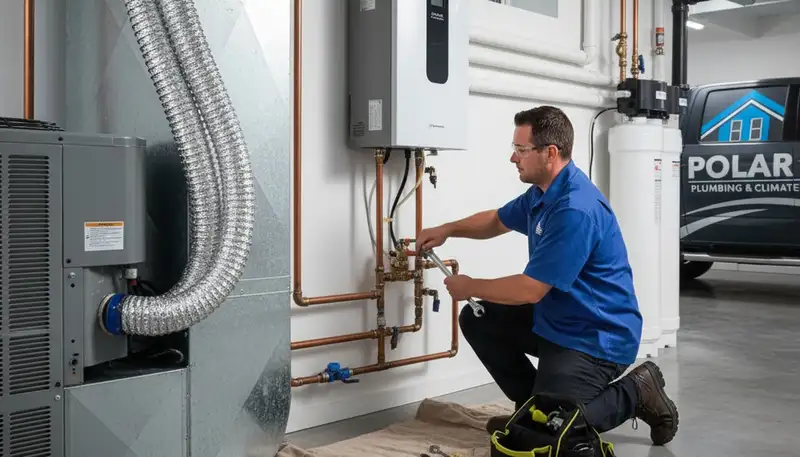 Professional plumber fixing water heater in Columbia, SC for Five Star Cooling plumbing services