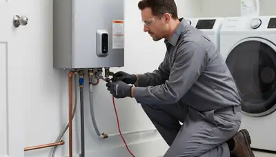 Technician repairing residential water heater in Columbia, SC for Five Star Cooling service