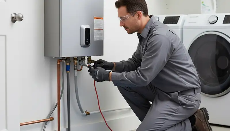 Technician repairing residential water heater in Columbia, SC for Five Star Cooling service